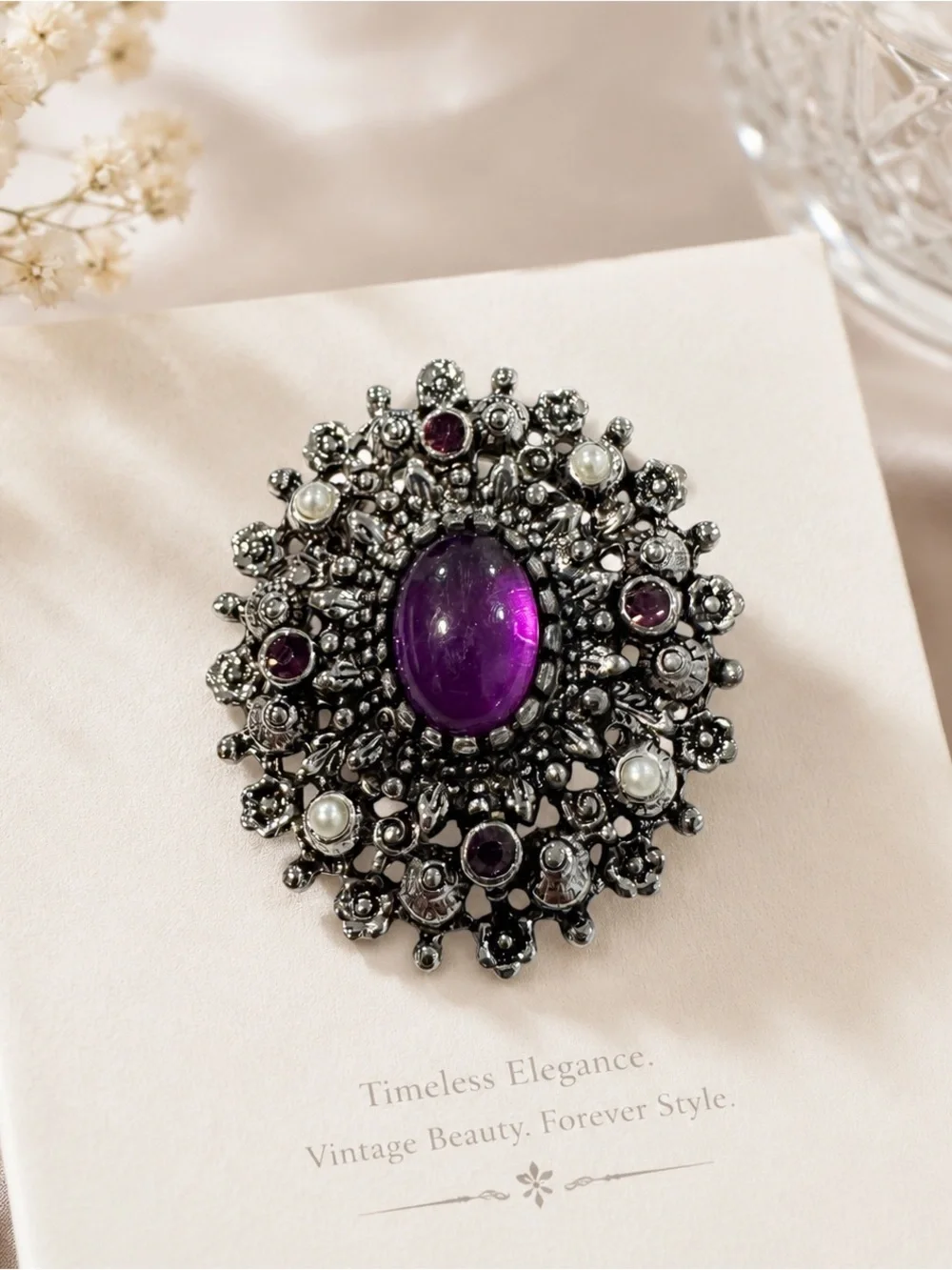 VTG 1972 Sarah Coventry Catherine Brooch Pin | Purple Oval Cabochon Faux